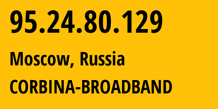 IP address 95.24.80.129 (Moscow, Moscow, Russia) get location, coordinates on map, ISP provider AS8402 CORBINA-BROADBAND // who is provider of ip address 95.24.80.129, whose IP address