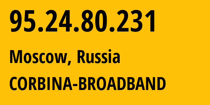 IP-адрес 95.24.80.231 (Москва, Москва, Россия) определить местоположение, координаты на карте, ISP провайдер AS8402 CORBINA-BROADBAND // кто провайдер айпи-адреса 95.24.80.231