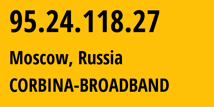 IP address 95.24.118.27 (Moscow, Moscow, Russia) get location, coordinates on map, ISP provider AS8402 CORBINA-BROADBAND // who is provider of ip address 95.24.118.27, whose IP address