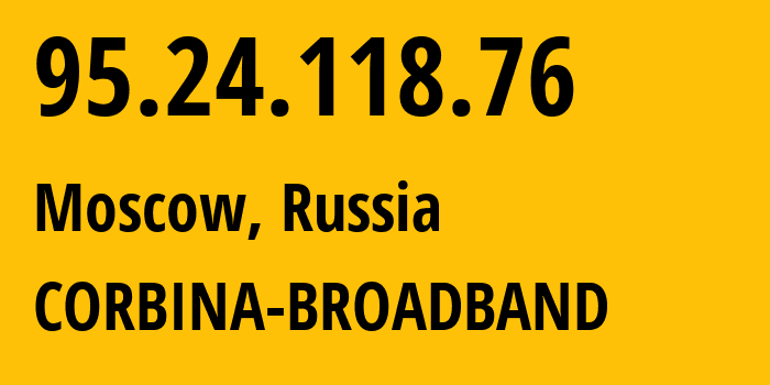 IP-адрес 95.24.118.76 (Москва, Москва, Россия) определить местоположение, координаты на карте, ISP провайдер AS8402 CORBINA-BROADBAND // кто провайдер айпи-адреса 95.24.118.76