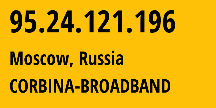 IP address 95.24.121.196 (Moscow, Moscow, Russia) get location, coordinates on map, ISP provider AS8402 CORBINA-BROADBAND // who is provider of ip address 95.24.121.196, whose IP address