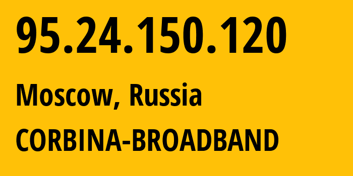 IP-адрес 95.24.150.120 (Москва, Москва, Россия) определить местоположение, координаты на карте, ISP провайдер AS8402 CORBINA-BROADBAND // кто провайдер айпи-адреса 95.24.150.120