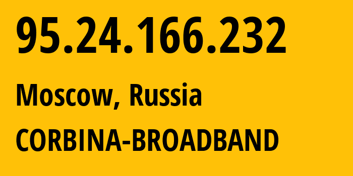 IP-адрес 95.24.166.232 (Москва, Москва, Россия) определить местоположение, координаты на карте, ISP провайдер AS8402 CORBINA-BROADBAND // кто провайдер айпи-адреса 95.24.166.232