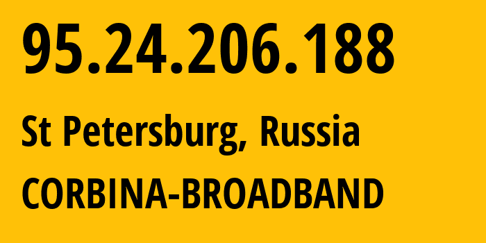 IP-адрес 95.24.206.188 (Санкт-Петербург, Санкт-Петербург, Россия) определить местоположение, координаты на карте, ISP провайдер AS8402 CORBINA-BROADBAND // кто провайдер айпи-адреса 95.24.206.188