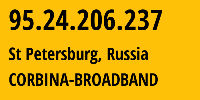 IP-адрес 95.24.206.237 (Санкт-Петербург, Санкт-Петербург, Россия) определить местоположение, координаты на карте, ISP провайдер AS8402 CORBINA-BROADBAND // кто провайдер айпи-адреса 95.24.206.237