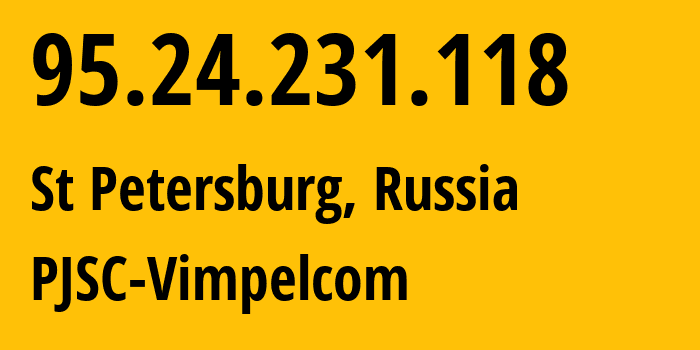 IP-адрес 95.24.231.118 (Санкт-Петербург, Санкт-Петербург, Россия) определить местоположение, координаты на карте, ISP провайдер AS8402 PJSC-Vimpelcom // кто провайдер айпи-адреса 95.24.231.118