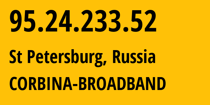 IP-адрес 95.24.233.52 (Санкт-Петербург, Санкт-Петербург, Россия) определить местоположение, координаты на карте, ISP провайдер AS8402 CORBINA-BROADBAND // кто провайдер айпи-адреса 95.24.233.52