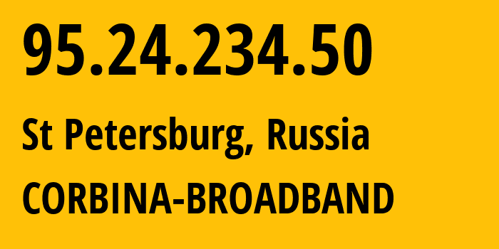 IP-адрес 95.24.234.50 (Санкт-Петербург, Санкт-Петербург, Россия) определить местоположение, координаты на карте, ISP провайдер AS8402 CORBINA-BROADBAND // кто провайдер айпи-адреса 95.24.234.50