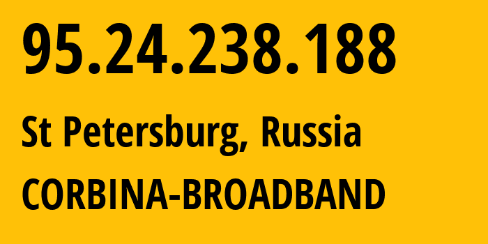 IP-адрес 95.24.238.188 (Санкт-Петербург, Санкт-Петербург, Россия) определить местоположение, координаты на карте, ISP провайдер AS8402 CORBINA-BROADBAND // кто провайдер айпи-адреса 95.24.238.188