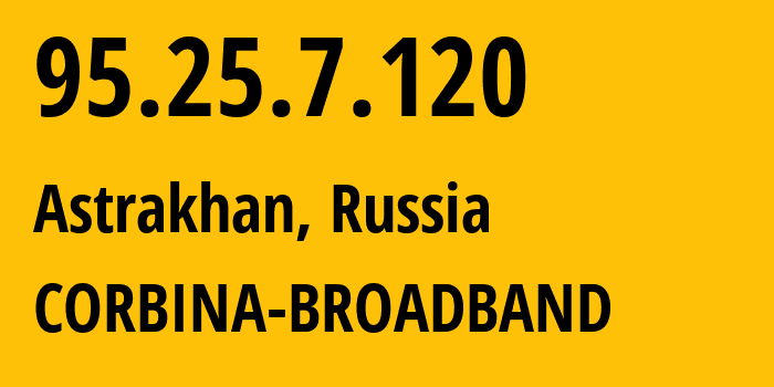 IP-адрес 95.25.7.120 (Астрахань, Астраханская Область, Россия) определить местоположение, координаты на карте, ISP провайдер AS8402 CORBINA-BROADBAND // кто провайдер айпи-адреса 95.25.7.120