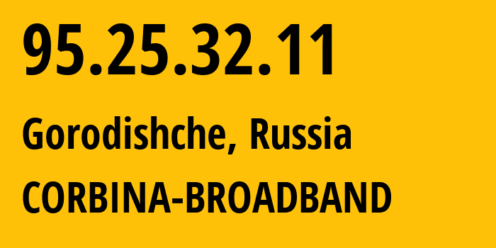 IP-адрес 95.25.32.11 (Городище, Волгоградская Область, Россия) определить местоположение, координаты на карте, ISP провайдер AS8402 CORBINA-BROADBAND // кто провайдер айпи-адреса 95.25.32.11