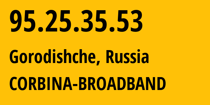 IP-адрес 95.25.35.53 (Городище, Волгоградская Область, Россия) определить местоположение, координаты на карте, ISP провайдер AS8402 CORBINA-BROADBAND // кто провайдер айпи-адреса 95.25.35.53