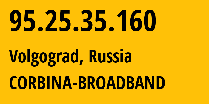 IP address 95.25.35.160 (Volgograd, Volgograd Oblast, Russia) get location, coordinates on map, ISP provider AS8402 CORBINA-BROADBAND // who is provider of ip address 95.25.35.160, whose IP address