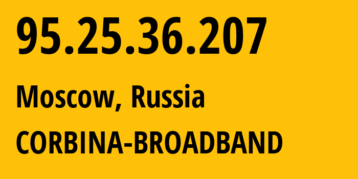 IP address 95.25.36.207 (Moscow, Moscow, Russia) get location, coordinates on map, ISP provider AS8402 CORBINA-BROADBAND // who is provider of ip address 95.25.36.207, whose IP address