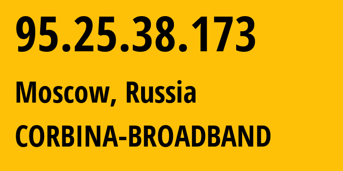 IP address 95.25.38.173 (Moscow, Moscow, Russia) get location, coordinates on map, ISP provider AS8402 CORBINA-BROADBAND // who is provider of ip address 95.25.38.173, whose IP address