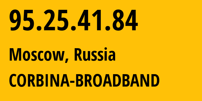 IP-адрес 95.25.41.84 (Москва, Москва, Россия) определить местоположение, координаты на карте, ISP провайдер AS8402 CORBINA-BROADBAND // кто провайдер айпи-адреса 95.25.41.84