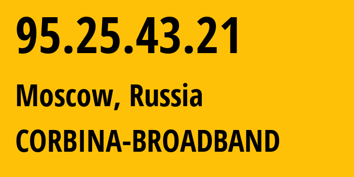 IP-адрес 95.25.43.21 (Москва, Москва, Россия) определить местоположение, координаты на карте, ISP провайдер AS8402 CORBINA-BROADBAND // кто провайдер айпи-адреса 95.25.43.21