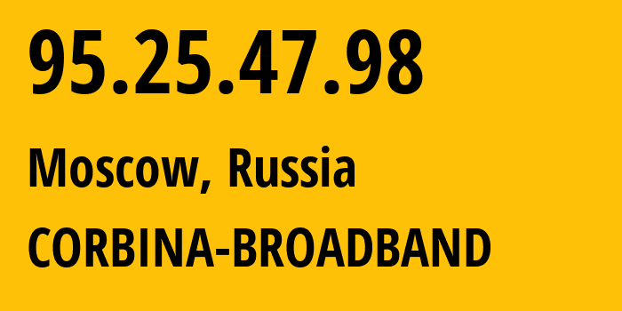 IP-адрес 95.25.47.98 (Пятигорск, Ставрополье, Россия) определить местоположение, координаты на карте, ISP провайдер AS8402 CORBINA-BROADBAND // кто провайдер айпи-адреса 95.25.47.98