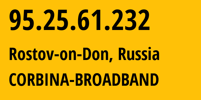 IP address 95.25.61.232 (Rostov-on-Don, Rostov Oblast, Russia) get location, coordinates on map, ISP provider AS8402 CORBINA-BROADBAND // who is provider of ip address 95.25.61.232, whose IP address