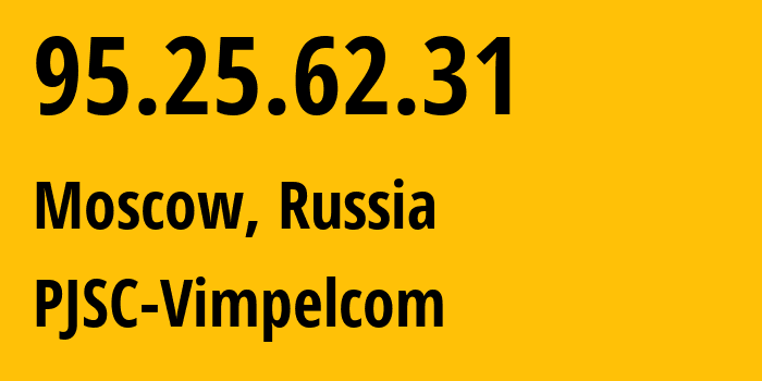 IP-адрес 95.25.62.31 (Москва, Москва, Россия) определить местоположение, координаты на карте, ISP провайдер AS8402 PJSC-Vimpelcom // кто провайдер айпи-адреса 95.25.62.31