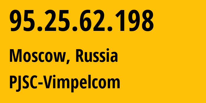 IP-адрес 95.25.62.198 (Москва, Москва, Россия) определить местоположение, координаты на карте, ISP провайдер AS8402 PJSC-Vimpelcom // кто провайдер айпи-адреса 95.25.62.198