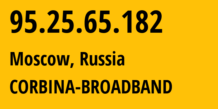 IP-адрес 95.25.65.182 (Москва, Москва, Россия) определить местоположение, координаты на карте, ISP провайдер AS8402 CORBINA-BROADBAND // кто провайдер айпи-адреса 95.25.65.182