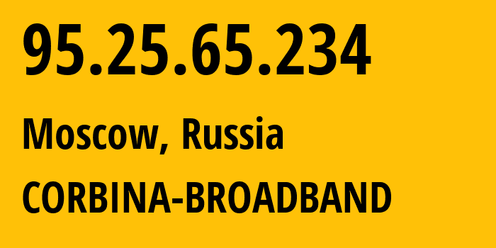 IP address 95.25.65.234 (Rostov, Yaroslavl Oblast, Russia) get location, coordinates on map, ISP provider AS8402 CORBINA-BROADBAND // who is provider of ip address 95.25.65.234, whose IP address