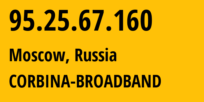 IP-адрес 95.25.67.160 (Москва, Москва, Россия) определить местоположение, координаты на карте, ISP провайдер AS8402 CORBINA-BROADBAND // кто провайдер айпи-адреса 95.25.67.160