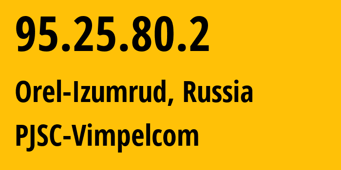 IP-адрес 95.25.80.2 (Орёл-Изумруд, Краснодарский край, Россия) определить местоположение, координаты на карте, ISP провайдер AS42110 PJSC-Vimpelcom // кто провайдер айпи-адреса 95.25.80.2