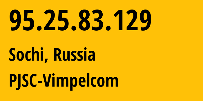 IP-адрес 95.25.83.129 (Сочи, Краснодарский край, Россия) определить местоположение, координаты на карте, ISP провайдер AS42110 PJSC-Vimpelcom // кто провайдер айпи-адреса 95.25.83.129