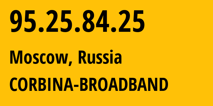 IP address 95.25.84.25 (Moscow, Moscow, Russia) get location, coordinates on map, ISP provider AS8402 CORBINA-BROADBAND // who is provider of ip address 95.25.84.25, whose IP address