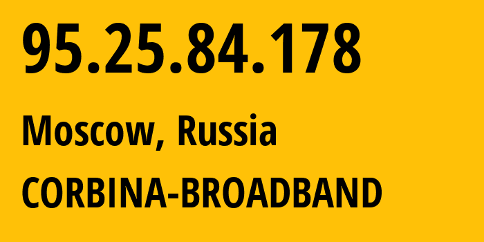 IP address 95.25.84.178 (Moscow, Moscow, Russia) get location, coordinates on map, ISP provider AS8402 CORBINA-BROADBAND // who is provider of ip address 95.25.84.178, whose IP address