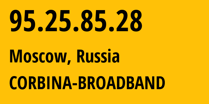 IP-адрес 95.25.85.28 (Москва, Москва, Россия) определить местоположение, координаты на карте, ISP провайдер AS8402 CORBINA-BROADBAND // кто провайдер айпи-адреса 95.25.85.28