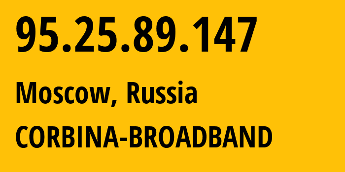 IP address 95.25.89.147 (Moscow, Moscow, Russia) get location, coordinates on map, ISP provider AS8402 CORBINA-BROADBAND // who is provider of ip address 95.25.89.147, whose IP address