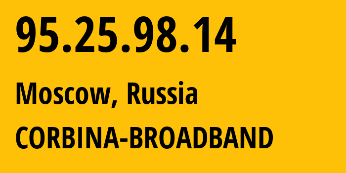 IP address 95.25.98.14 (Moscow, Moscow, Russia) get location, coordinates on map, ISP provider AS8402 CORBINA-BROADBAND // who is provider of ip address 95.25.98.14, whose IP address