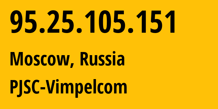 IP-адрес 95.25.105.151 (Москва, Москва, Россия) определить местоположение, координаты на карте, ISP провайдер AS8402 PJSC-Vimpelcom // кто провайдер айпи-адреса 95.25.105.151