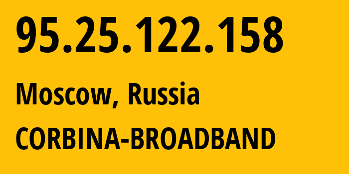 IP-адрес 95.25.122.158 (Москва, Москва, Россия) определить местоположение, координаты на карте, ISP провайдер AS3216 CORBINA-BROADBAND // кто провайдер айпи-адреса 95.25.122.158