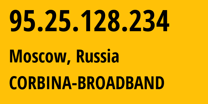 IP address 95.25.128.234 (Moscow, Moscow, Russia) get location, coordinates on map, ISP provider AS3216 CORBINA-BROADBAND // who is provider of ip address 95.25.128.234, whose IP address