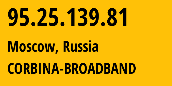 IP-адрес 95.25.139.81 (Москва, Москва, Россия) определить местоположение, координаты на карте, ISP провайдер AS3216 CORBINA-BROADBAND // кто провайдер айпи-адреса 95.25.139.81