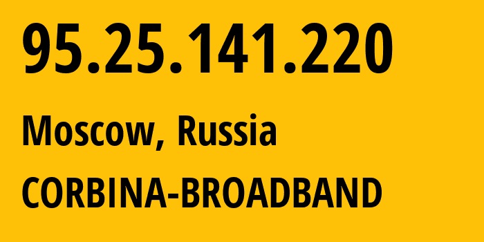 IP address 95.25.141.220 (Moscow, Moscow, Russia) get location, coordinates on map, ISP provider AS3216 CORBINA-BROADBAND // who is provider of ip address 95.25.141.220, whose IP address