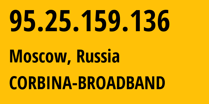 IP address 95.25.159.136 (Moscow, Moscow, Russia) get location, coordinates on map, ISP provider AS3216 CORBINA-BROADBAND // who is provider of ip address 95.25.159.136, whose IP address