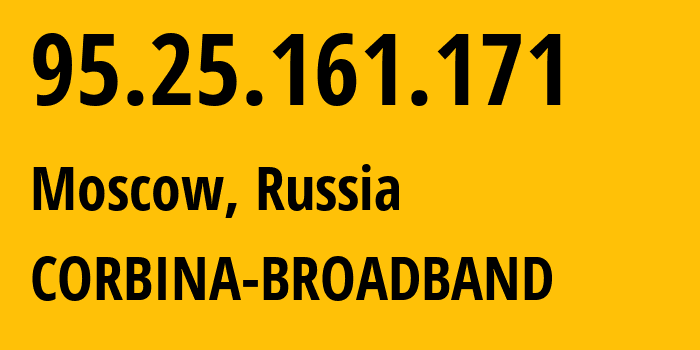 IP-адрес 95.25.161.171 (Москва, Москва, Россия) определить местоположение, координаты на карте, ISP провайдер AS3216 CORBINA-BROADBAND // кто провайдер айпи-адреса 95.25.161.171