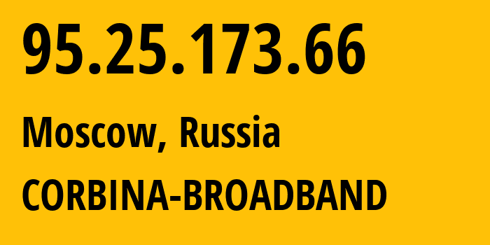 IP-адрес 95.25.173.66 (Москва, Москва, Россия) определить местоположение, координаты на карте, ISP провайдер AS3216 CORBINA-BROADBAND // кто провайдер айпи-адреса 95.25.173.66