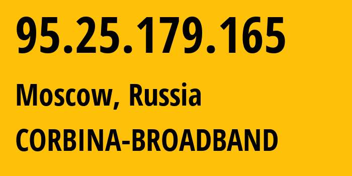 IP-адрес 95.25.179.165 (Москва, Москва, Россия) определить местоположение, координаты на карте, ISP провайдер AS3216 CORBINA-BROADBAND // кто провайдер айпи-адреса 95.25.179.165