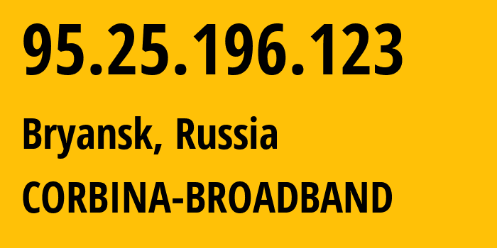 IP address 95.25.196.123 (Bryansk, Bryansk Oblast, Russia) get location, coordinates on map, ISP provider AS8402 CORBINA-BROADBAND // who is provider of ip address 95.25.196.123, whose IP address