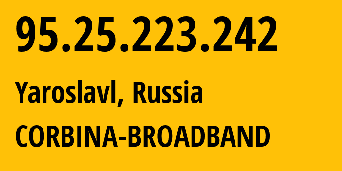 IP-адрес 95.25.223.242 (Ярославль, Ярославская Область, Россия) определить местоположение, координаты на карте, ISP провайдер AS8402 CORBINA-BROADBAND // кто провайдер айпи-адреса 95.25.223.242