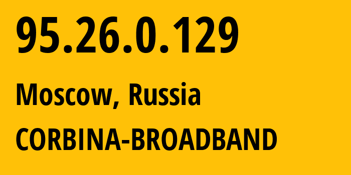 IP address 95.26.0.129 (Moscow, Moscow, Russia) get location, coordinates on map, ISP provider AS3216 CORBINA-BROADBAND // who is provider of ip address 95.26.0.129, whose IP address