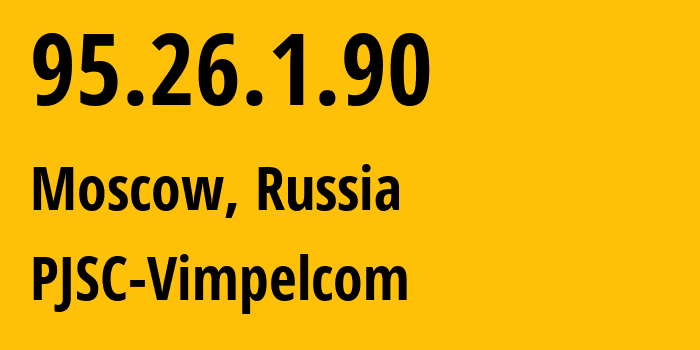 IP-адрес 95.26.1.90 (Москва, Москва, Россия) определить местоположение, координаты на карте, ISP провайдер AS8402 PJSC-Vimpelcom // кто провайдер айпи-адреса 95.26.1.90