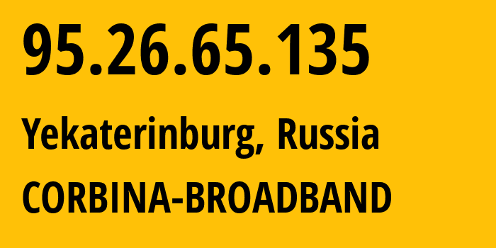 IP-адрес 95.26.65.135 (Екатеринбург, Свердловская Область, Россия) определить местоположение, координаты на карте, ISP провайдер AS3253 CORBINA-BROADBAND // кто провайдер айпи-адреса 95.26.65.135