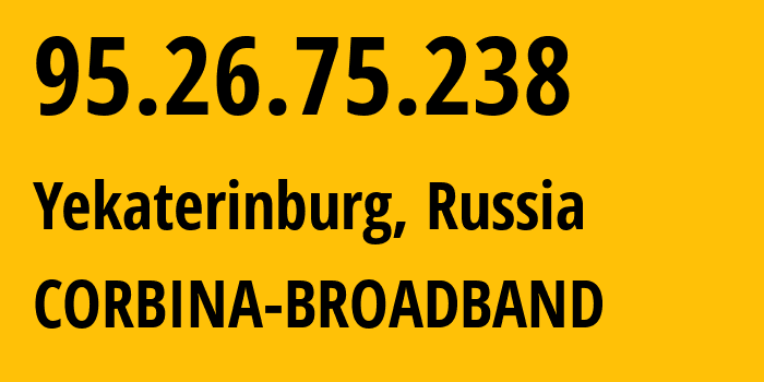 IP-адрес 95.26.75.238 (Екатеринбург, Свердловская Область, Россия) определить местоположение, координаты на карте, ISP провайдер AS3253 CORBINA-BROADBAND // кто провайдер айпи-адреса 95.26.75.238